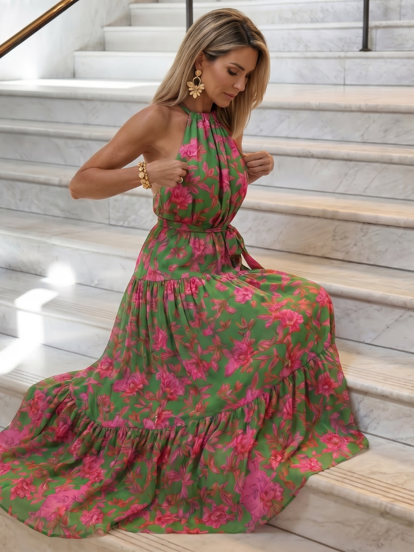Sonja | Midi-jurk met Bloemenprint in Groen en Roze
