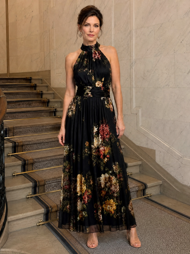 Miranda | Maxi-jurk met Rozenprint op Zwart