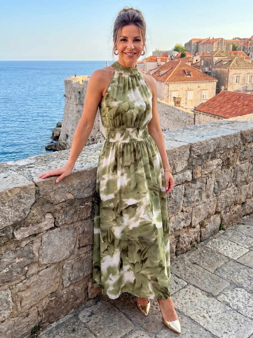 Claudia | Midi-jurk met Aquarelprint in Olijfgroen