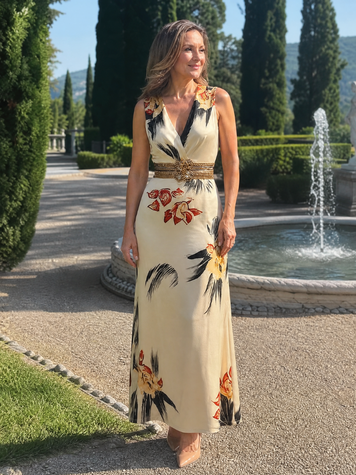 Roelie | Mouwloze Jurk met Bloemenprint op Crème