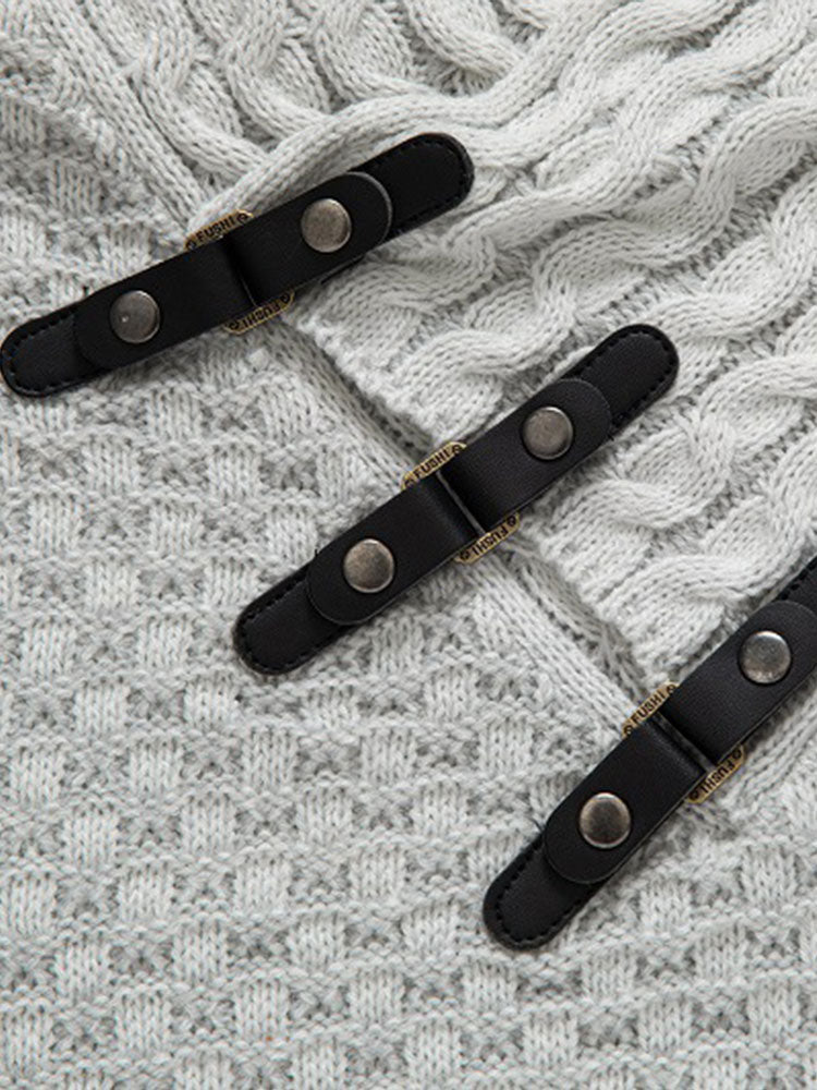 Guus | Gebreide jacquard coltrui met leren gespdetails