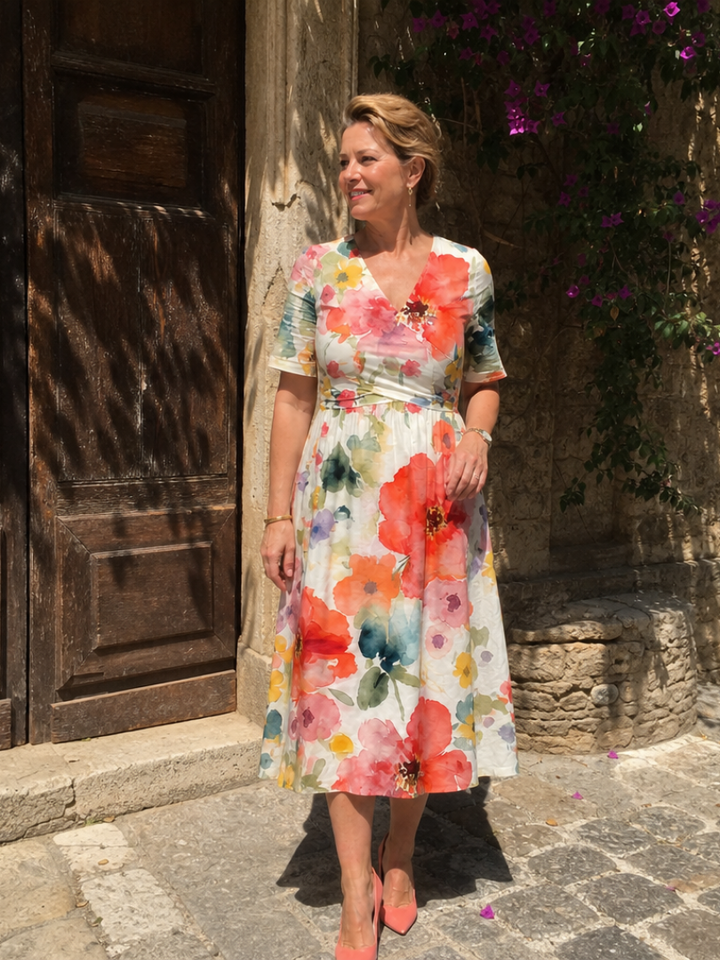 Gea | Midi-jurk met Aquarelbloemen