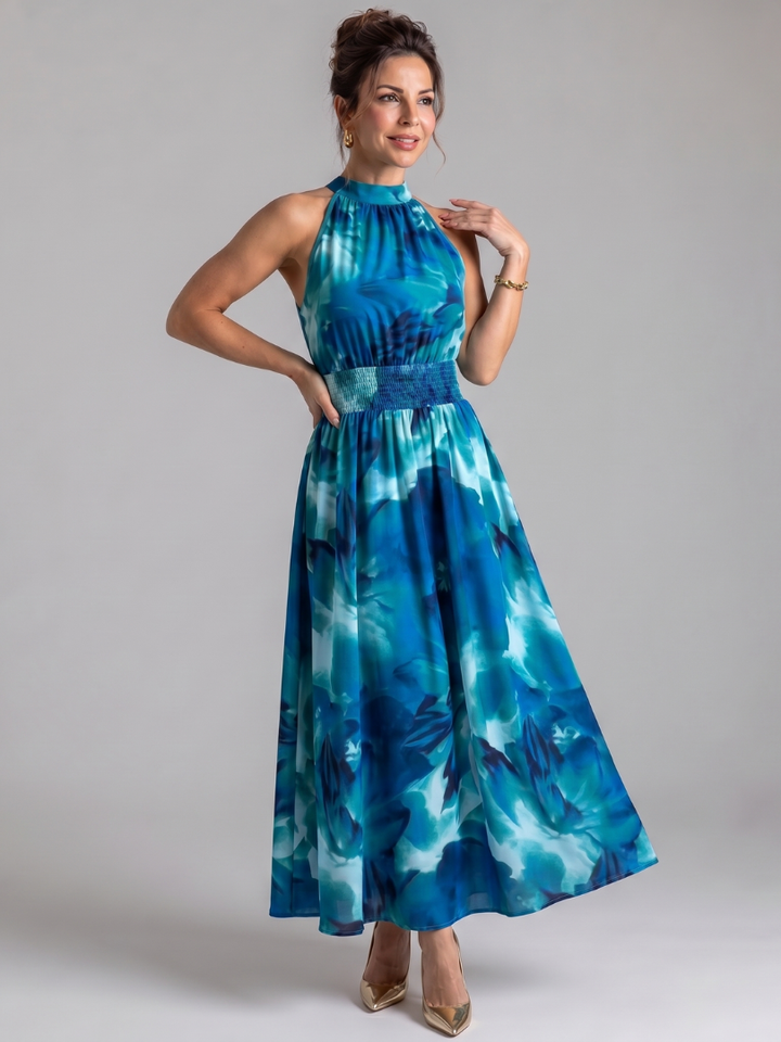 Claudia | Midi-jurk met Aquarelprint in Olijfgroen