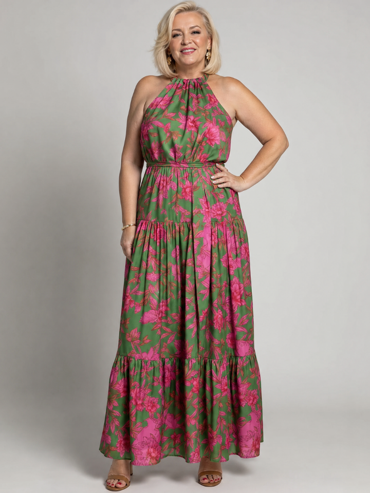 Sonja | Midi-jurk met Bloemenprint in Groen en Roze