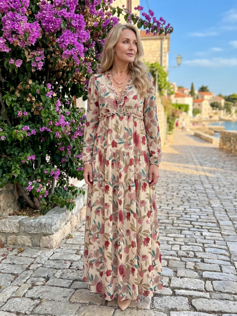 Nelleke | Maxi-jurk met Bloemenprint in Koraal