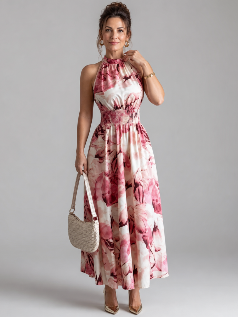 Claudia | Midi-jurk met Aquarelprint in Olijfgroen
