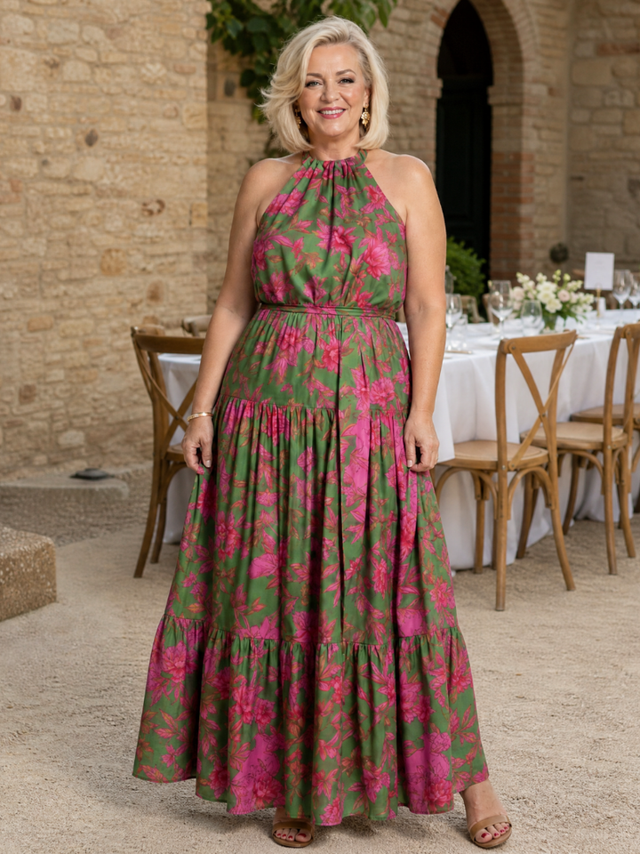 Sonja | Midi-jurk met Bloemenprint in Groen en Roze