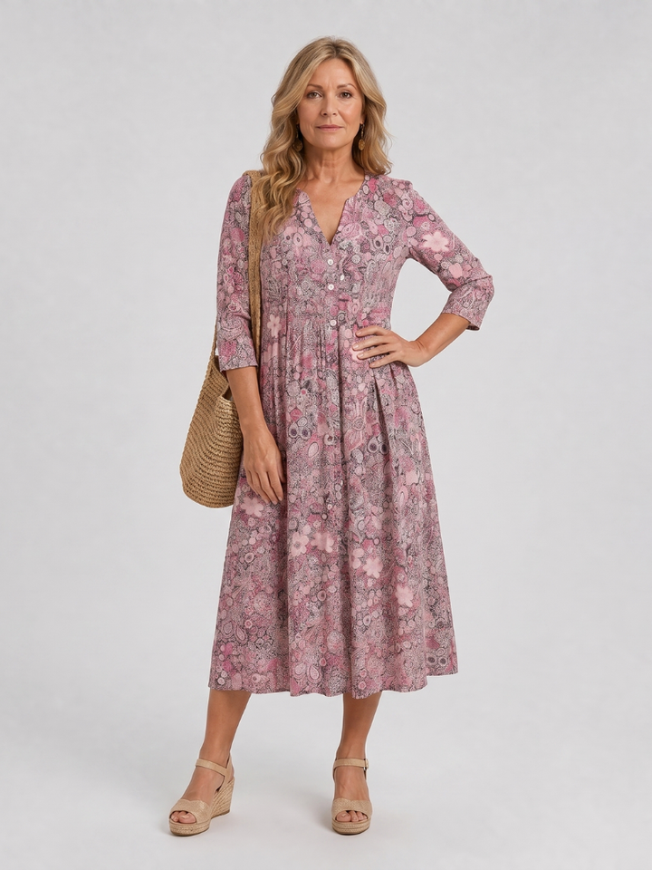 Wietske | Midi-jurk met Strooibloemen in Beige