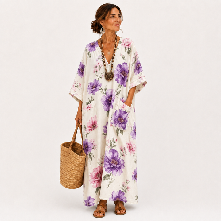 Mina | Witte Kaftan met Bloemenprint