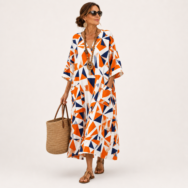 Klaasje | Oranje Kaftan met Geometrisch Motief
