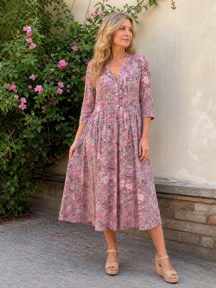 Wietske | Midi-jurk met Strooibloemen in Beige