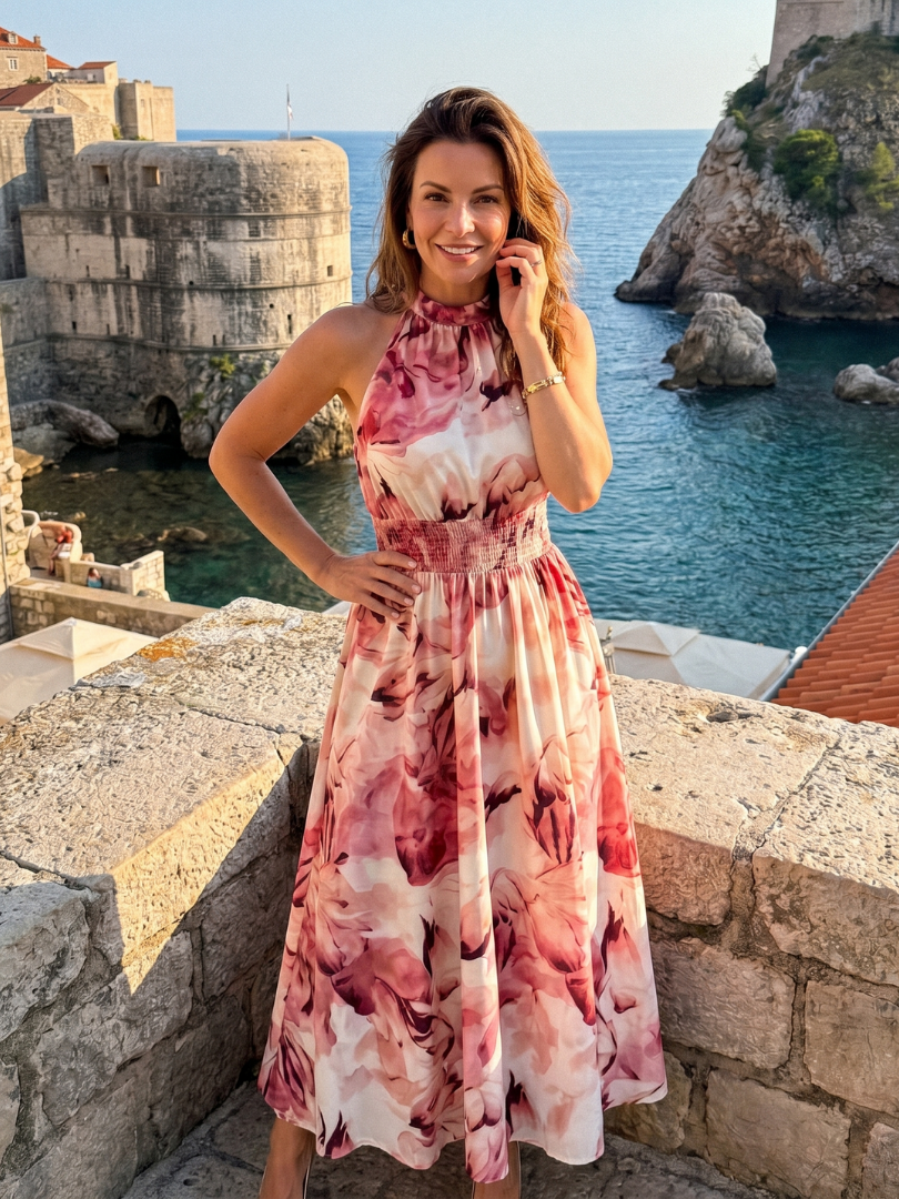Claudia | Midi-jurk met Aquarelprint in Olijfgroen