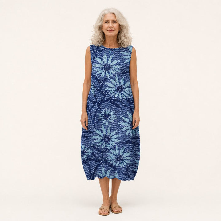 Marleen | Mouwloze midi-jurk met blauwdrukmotief
