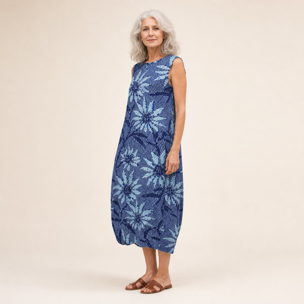 Marleen | Mouwloze midi-jurk met blauwdrukmotief