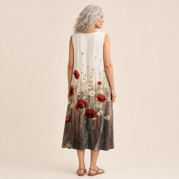 Saskia | Mouwloze midi-jurk met klaprozen