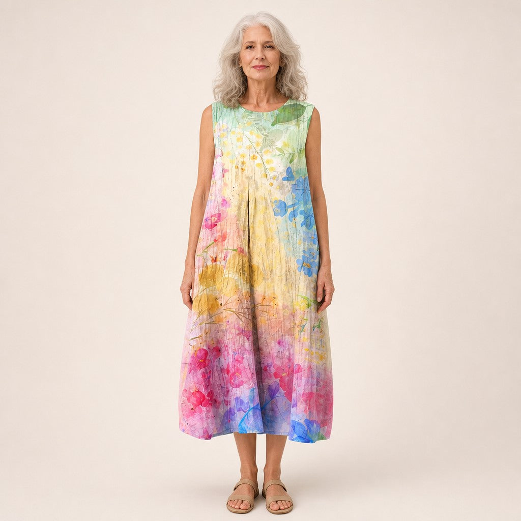 Merel | Mouwloze midi-jurk met pastel aquarelprint