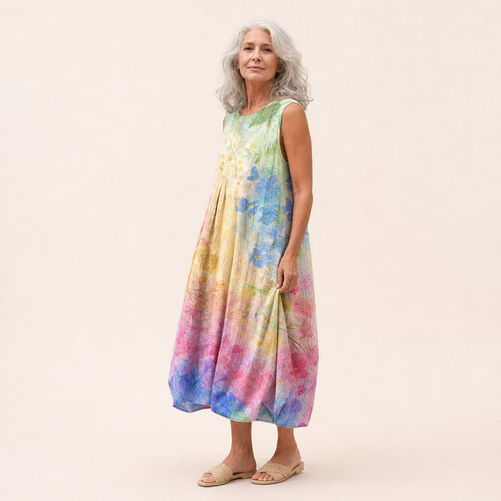 Merel | Mouwloze midi-jurk met pastel aquarelprint