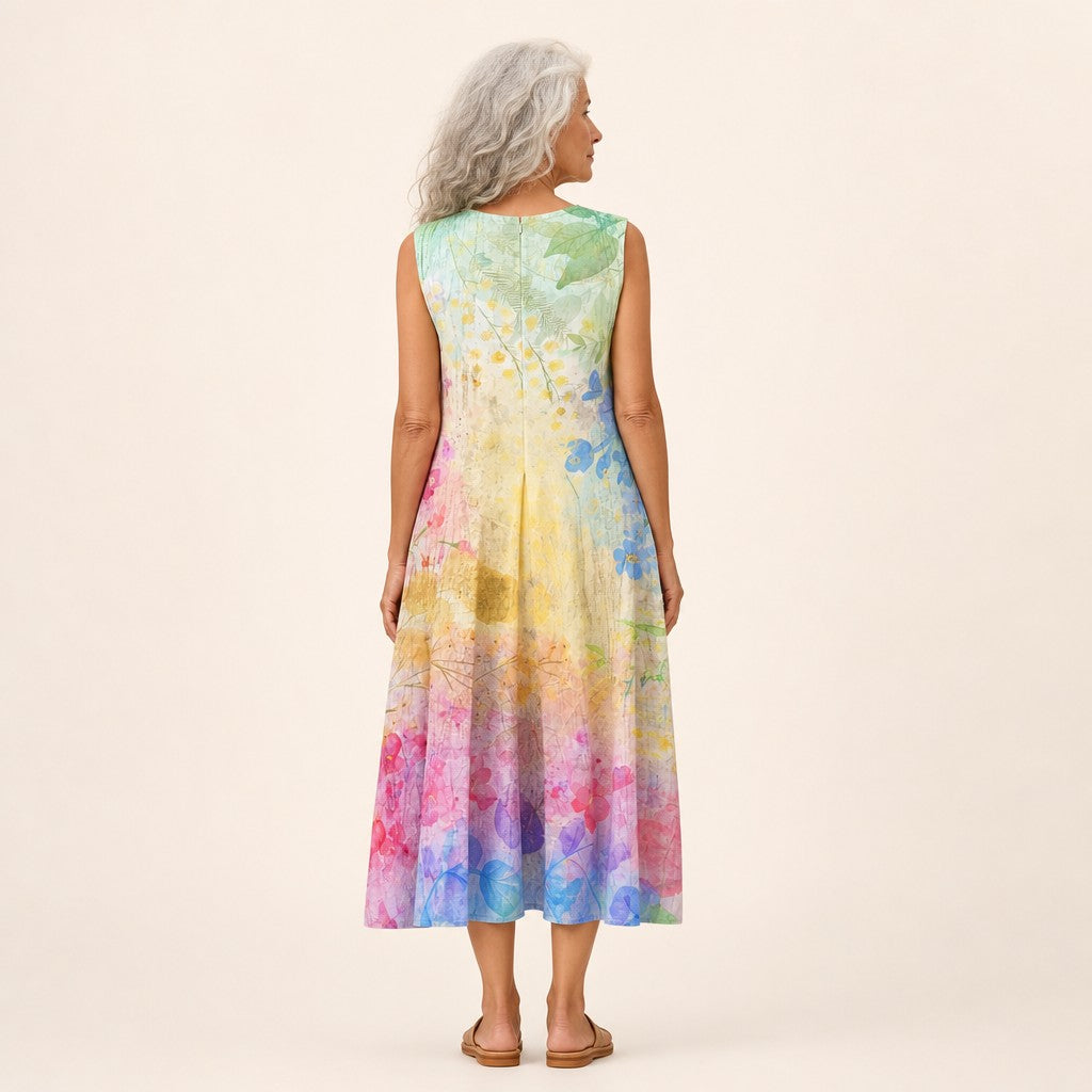 Merel | Mouwloze midi-jurk met pastel aquarelprint
