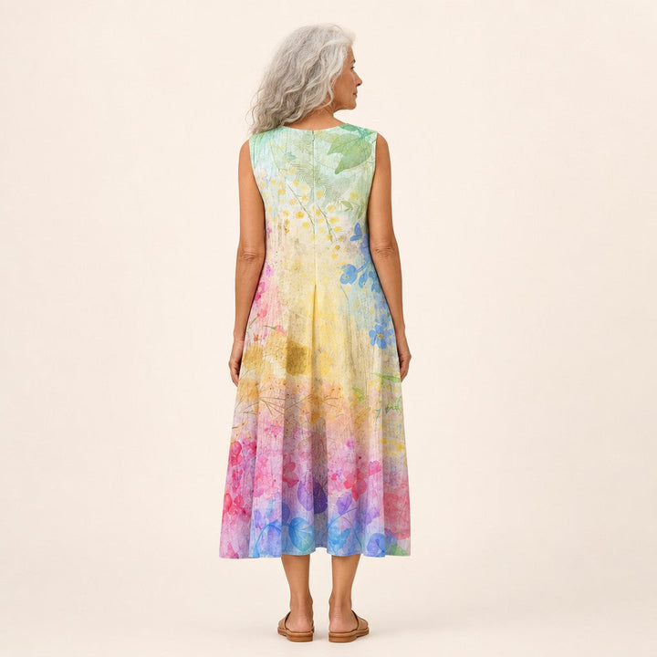 Merel | Mouwloze midi-jurk met pastel aquarelprint