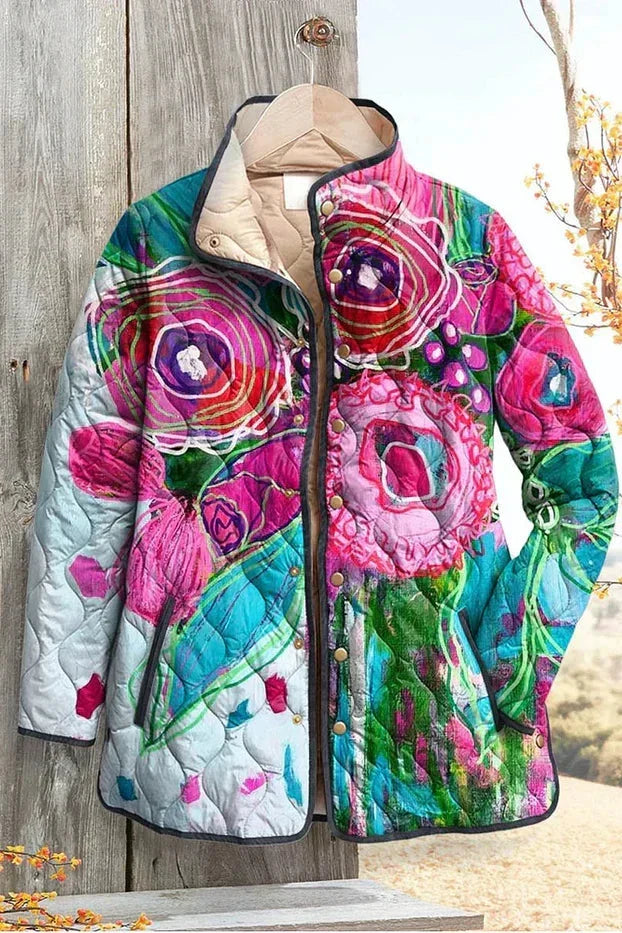 Hendrika | Gewatteerde Jas met Abstract Bloemenmotief