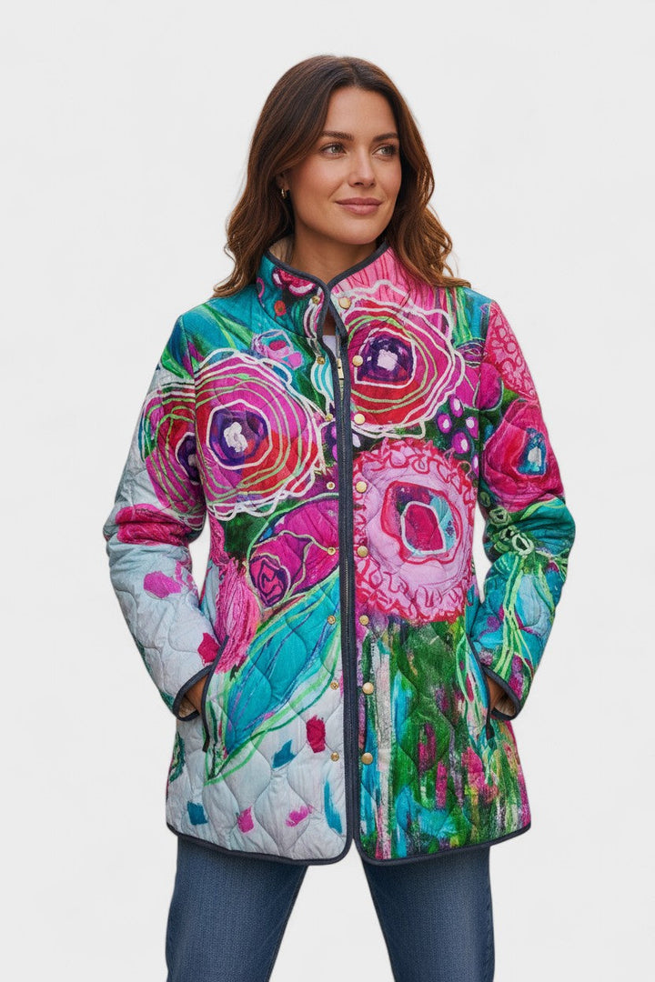 Hendrika | Gewatteerde Jas met Abstract Bloemenmotief