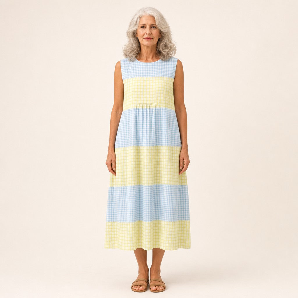 Elske | Mouwloze midi-jurk met ruiten in geel en blauw