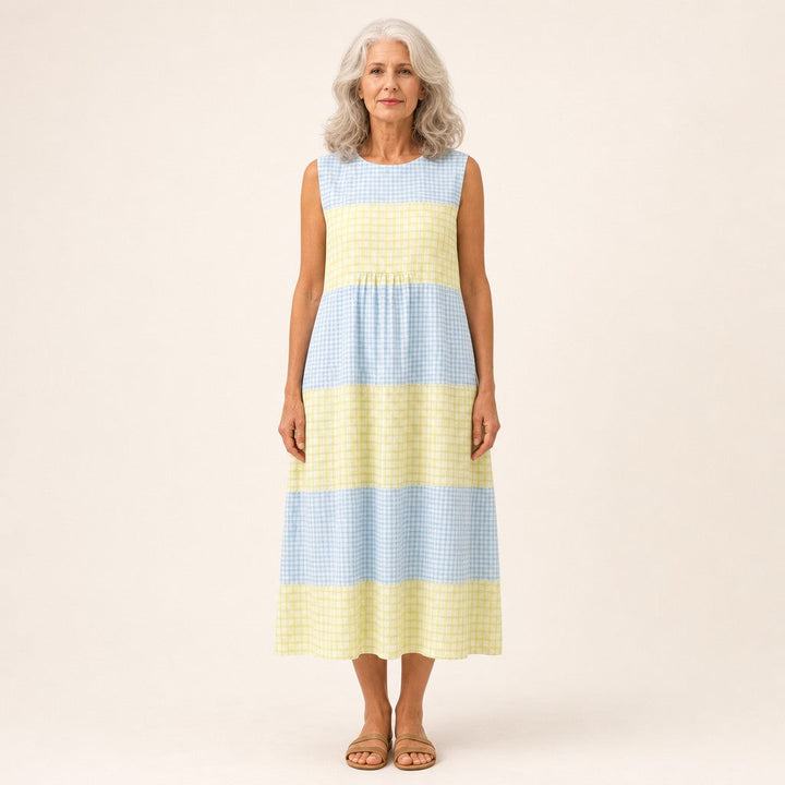 Elske | Mouwloze midi-jurk met ruiten in geel en blauw