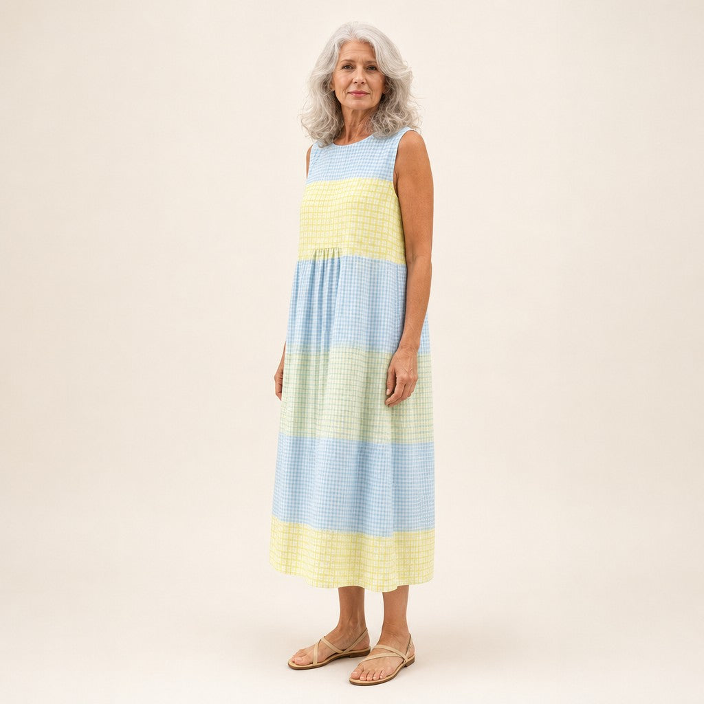 Elske | Mouwloze midi-jurk met ruiten in geel en blauw