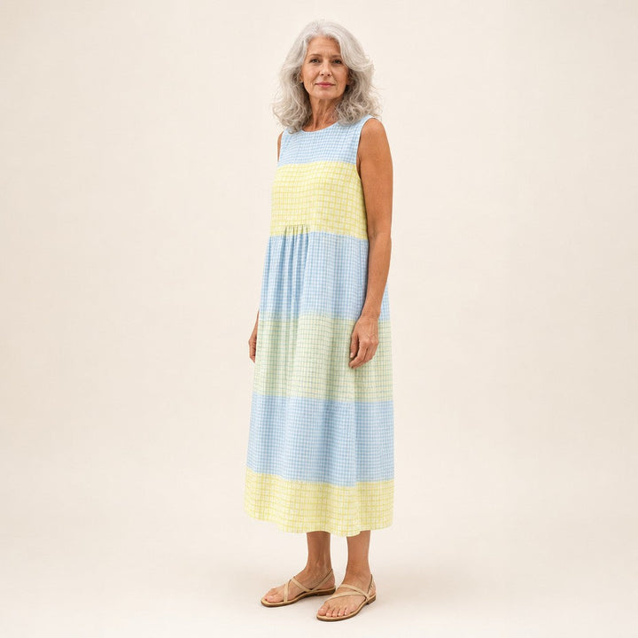 Elske | Mouwloze midi-jurk met ruiten in geel en blauw