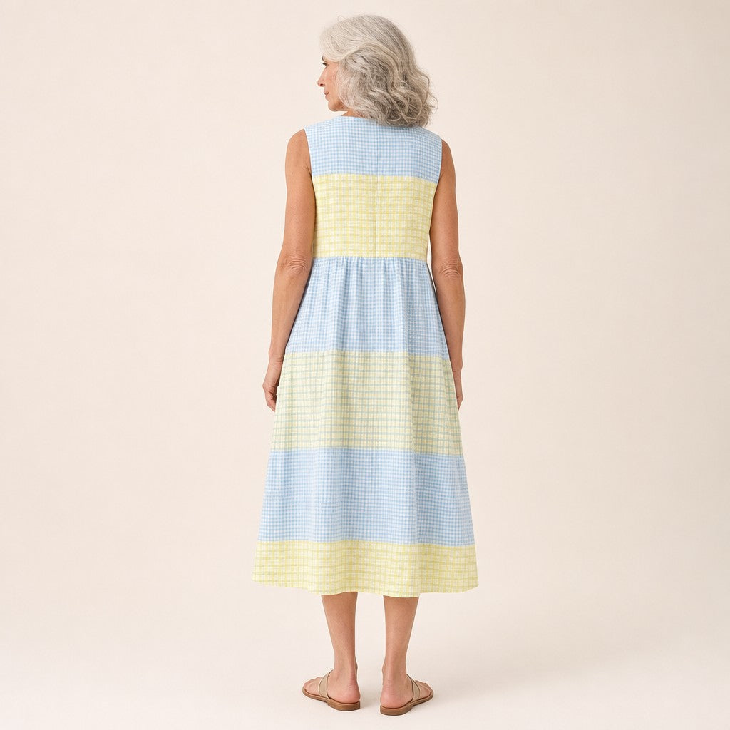 Elske | Mouwloze midi-jurk met ruiten in geel en blauw