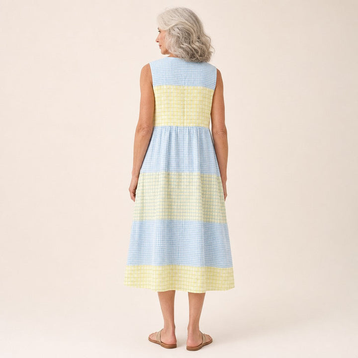 Elske | Mouwloze midi-jurk met ruiten in geel en blauw