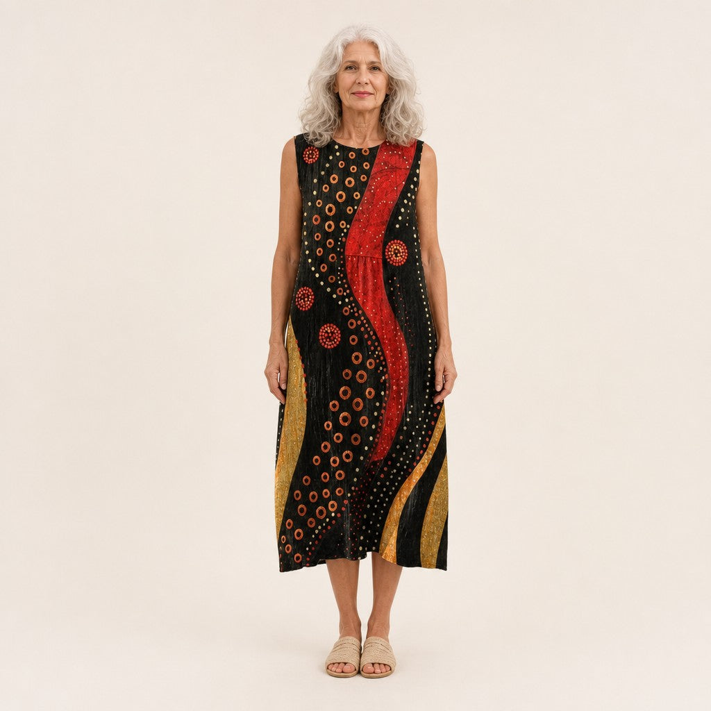 Lotte | Mouwloze midi-jurk met cirkels in rood en goud op zwart