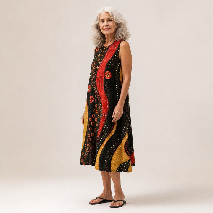 Lotte | Mouwloze midi-jurk met cirkels in rood en goud op zwart
