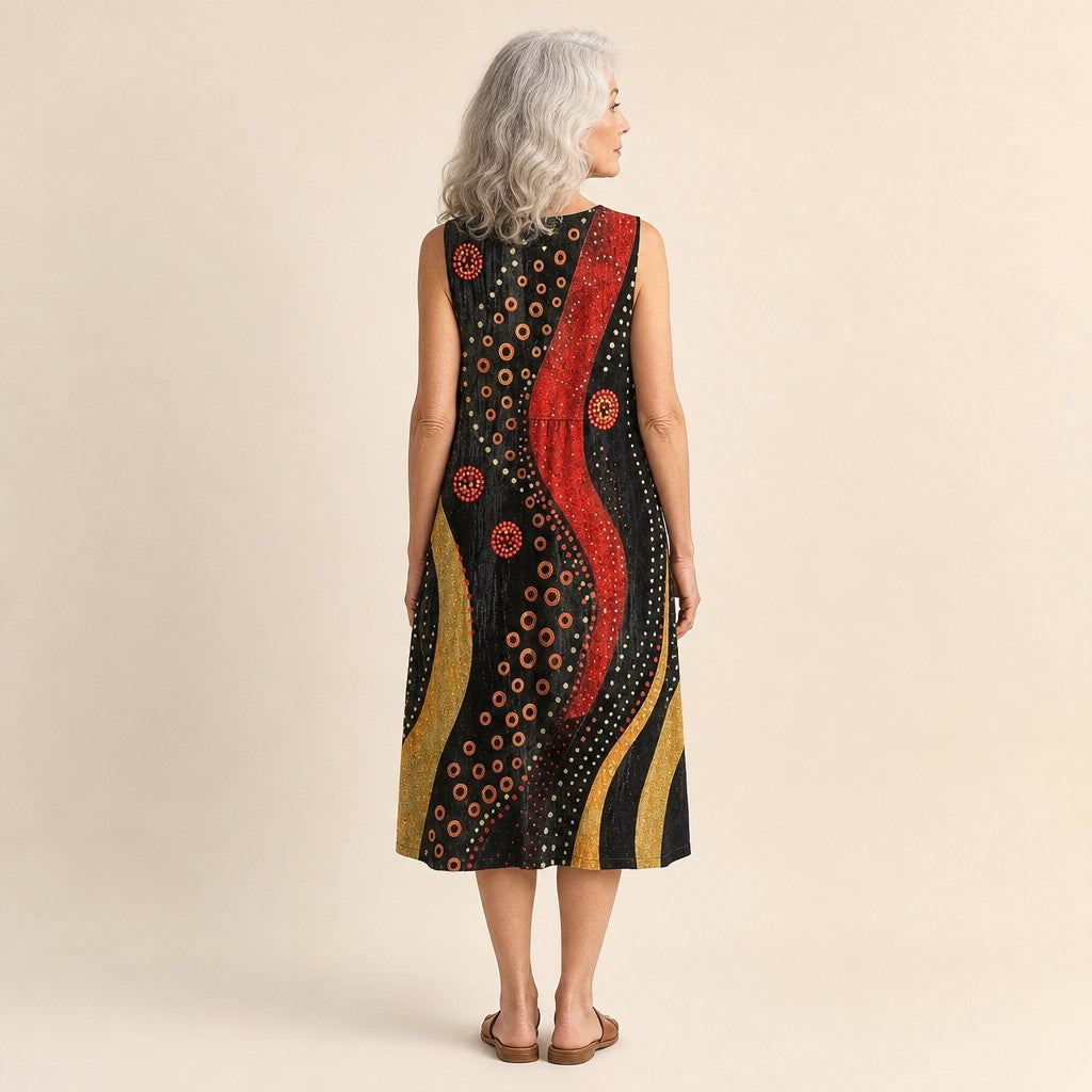 Lotte | Mouwloze midi-jurk met cirkels in rood en goud op zwart