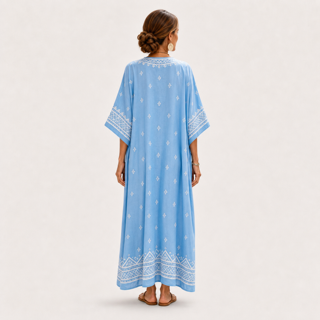 Elsje | Lichtblauwe Kaftan met Etnisch Motief