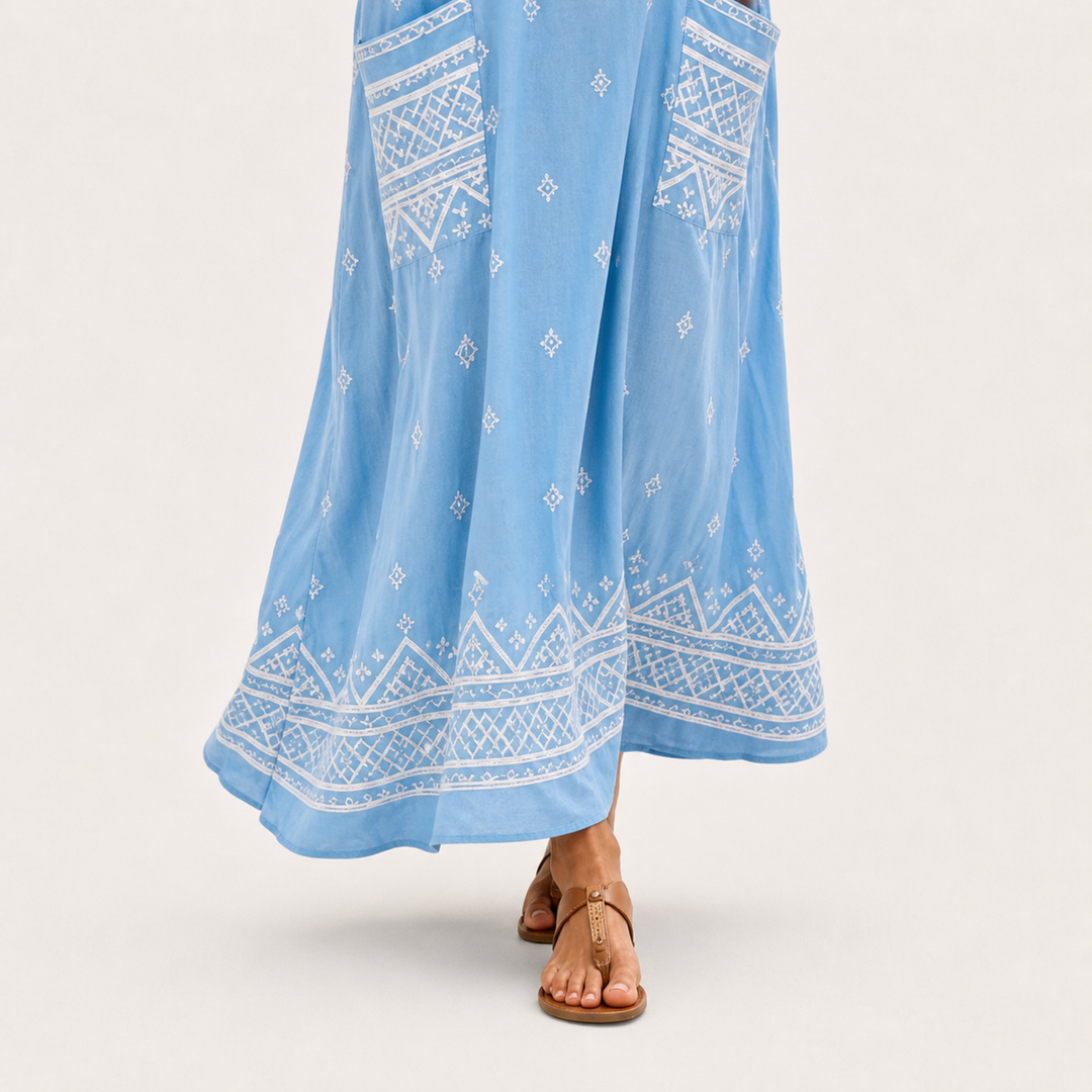 Elsje | Lichtblauwe Kaftan met Etnisch Motief