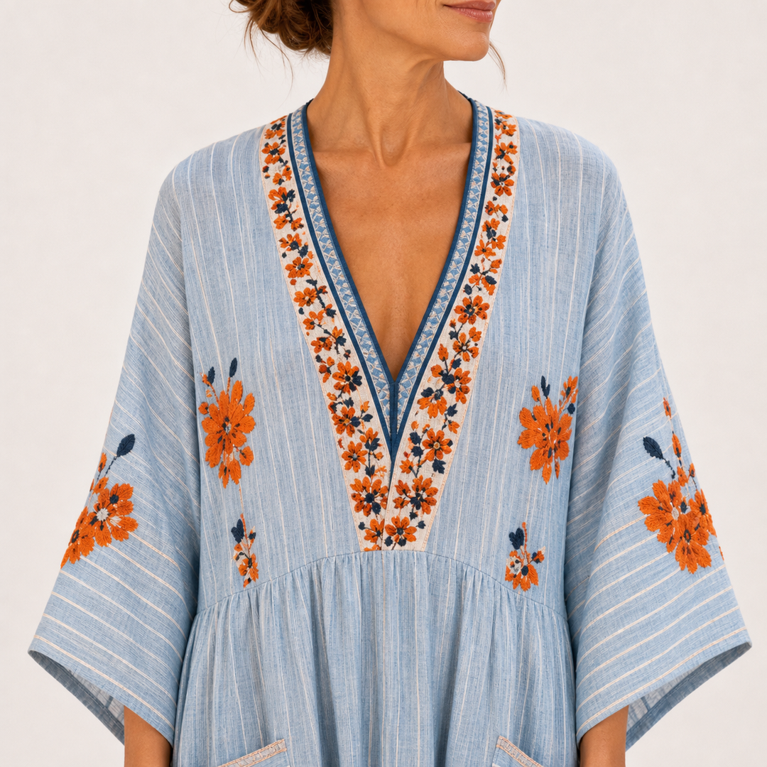 Cornelia | Blauwe Kaftan met Borduursel