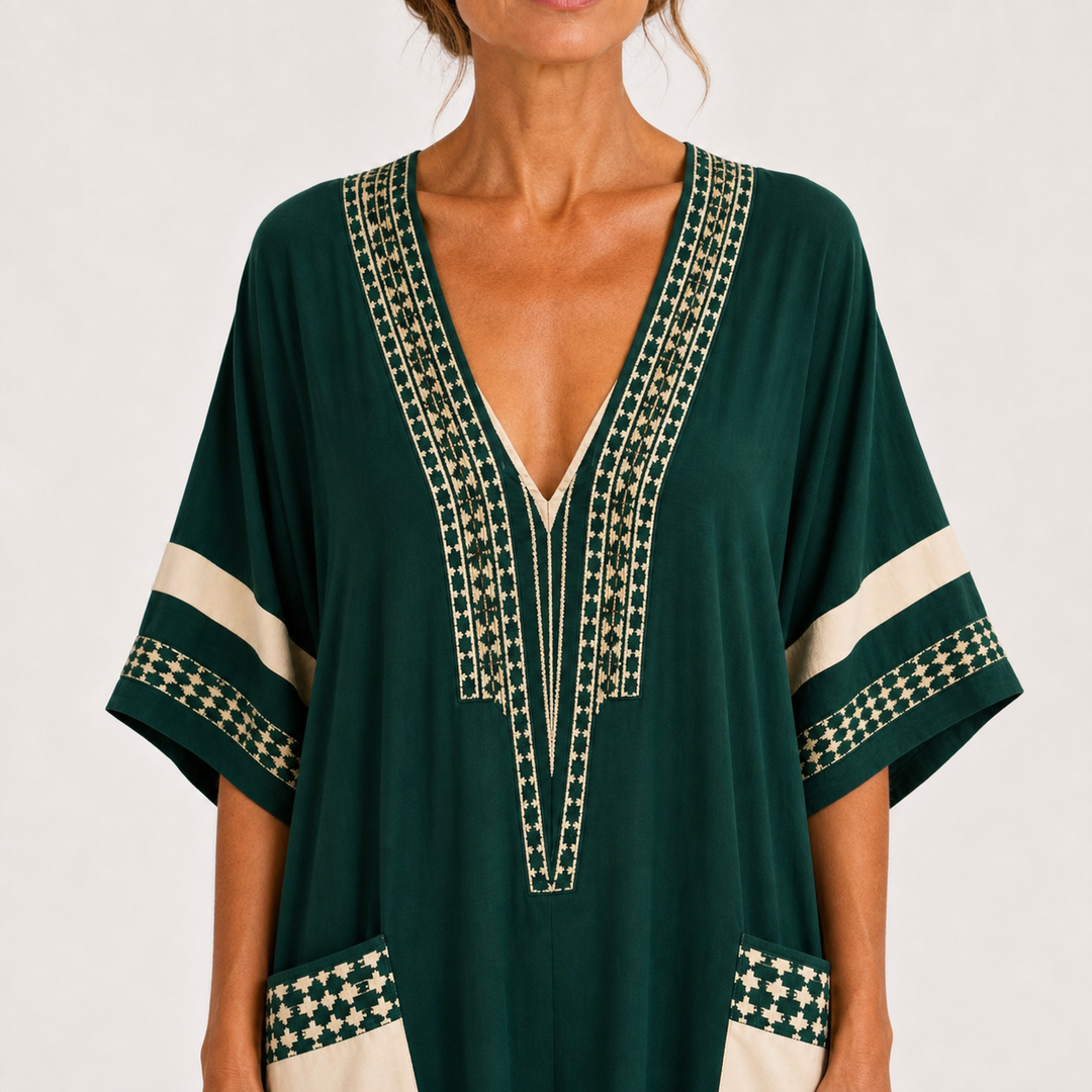 Berta | Kaftan met Etnisch Motief in Groen