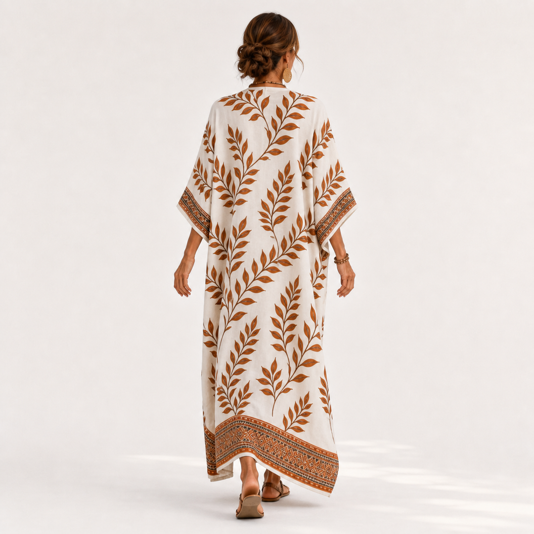 Nynke | Crèmekleurige Kaftan met Botanisch Motief