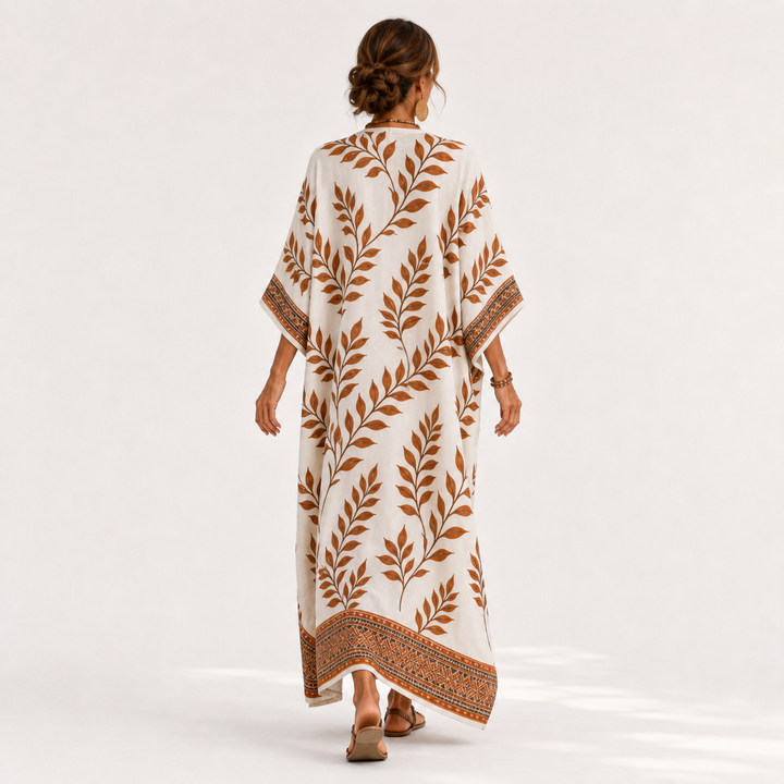 Nynke | Crèmekleurige Kaftan met Botanisch Motief