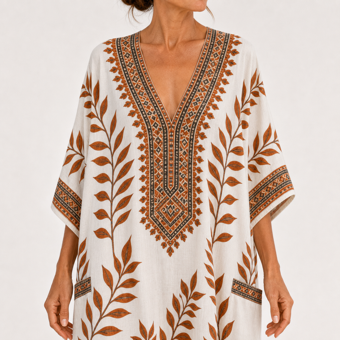 Nynke | Crèmekleurige Kaftan met Botanisch Motief