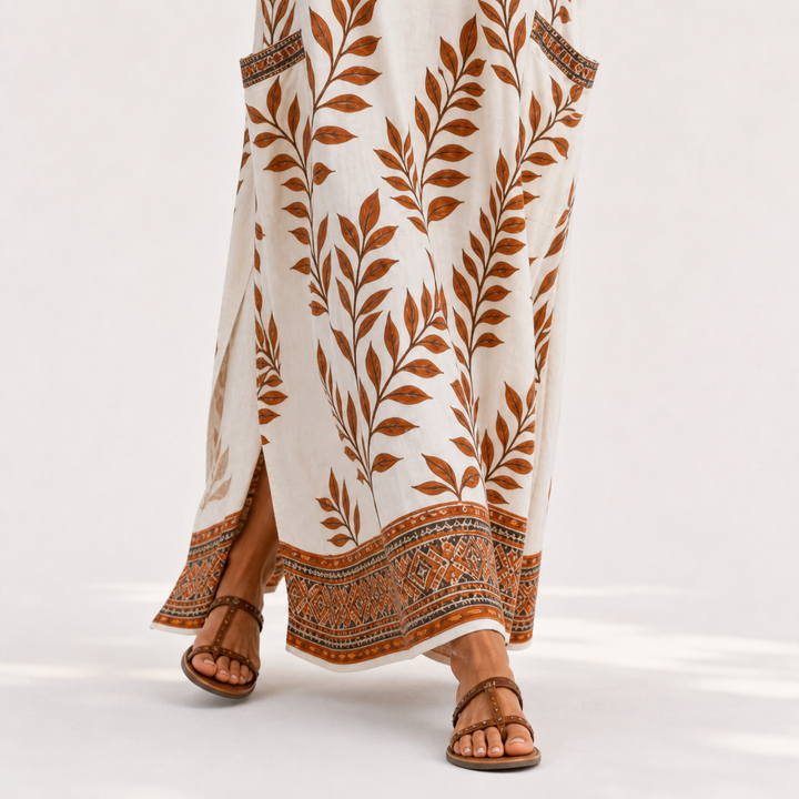 Nynke | Crèmekleurige Kaftan met Botanisch Motief