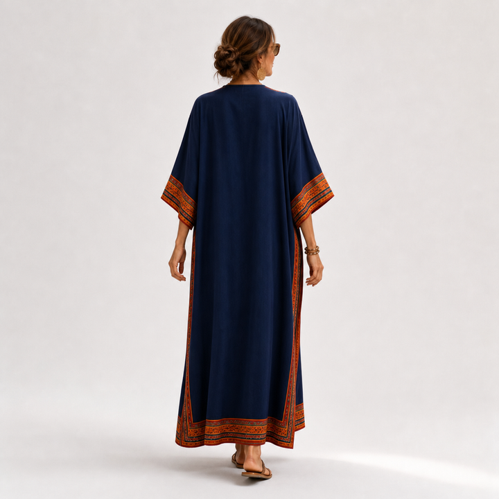 Dieuwke | Kaftan met Etnisch Motief in Blauw