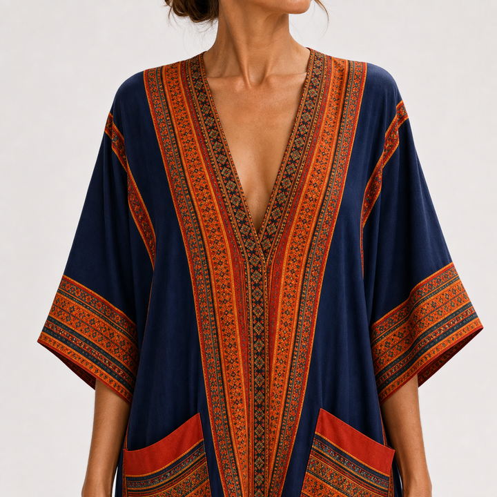 Dieuwke | Kaftan met Etnisch Motief in Blauw