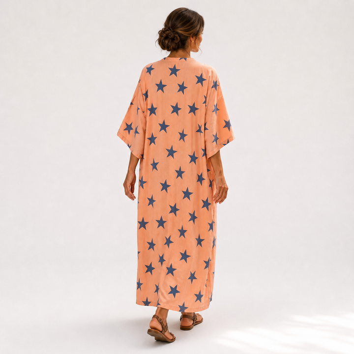 Sjoukje | Koraalkleurige Kaftan met Sterrenmotief