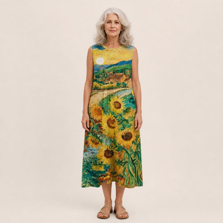 Pien | Mouwloze midi-jurk met zonnebloemenveld