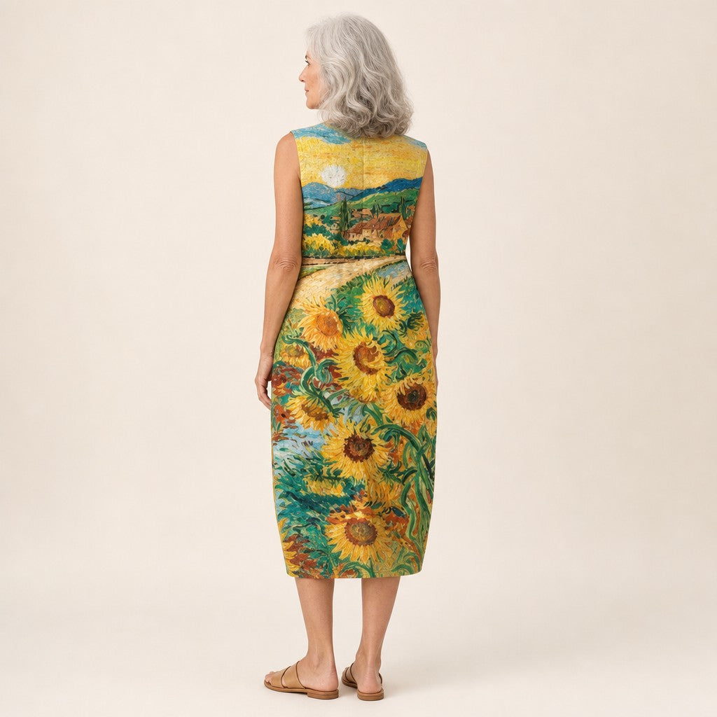 Pien | Mouwloze midi-jurk met zonnebloemenveld