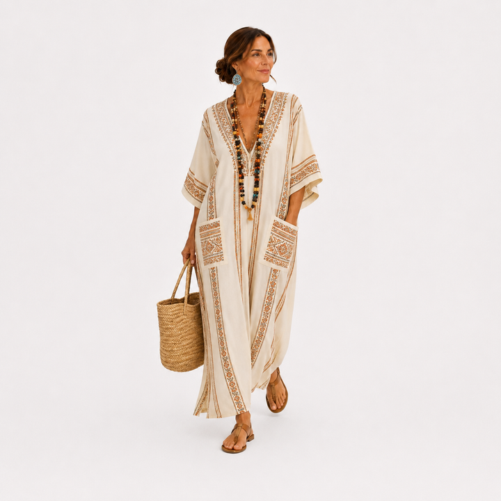 Reintje | Beige Kaftan met Etnisch Motief