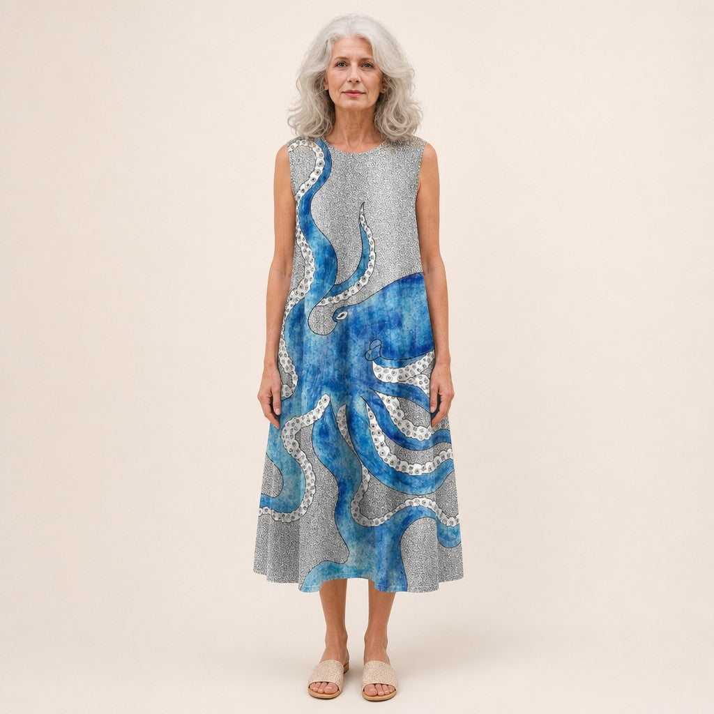 Gerda | Mouwloze midi-jurk met geschilderde octopus op grijs