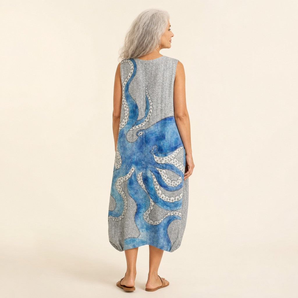 Gerda | Mouwloze midi-jurk met geschilderde octopus op grijs
